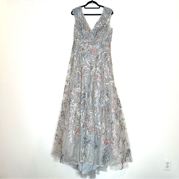 Mac Duggal 20263 Womens Size 18 Silver Pink Floral Embroidery Gown Maxi Dress - Picture 9 of 11